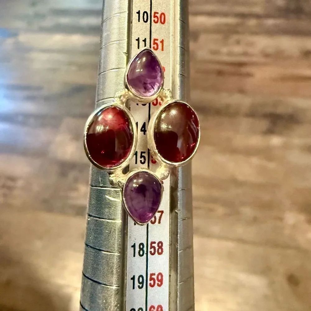Unique Natural Amethyst Garnet Gemstone Ring Sterling Silver Size 7 New - Picture 4 of 6